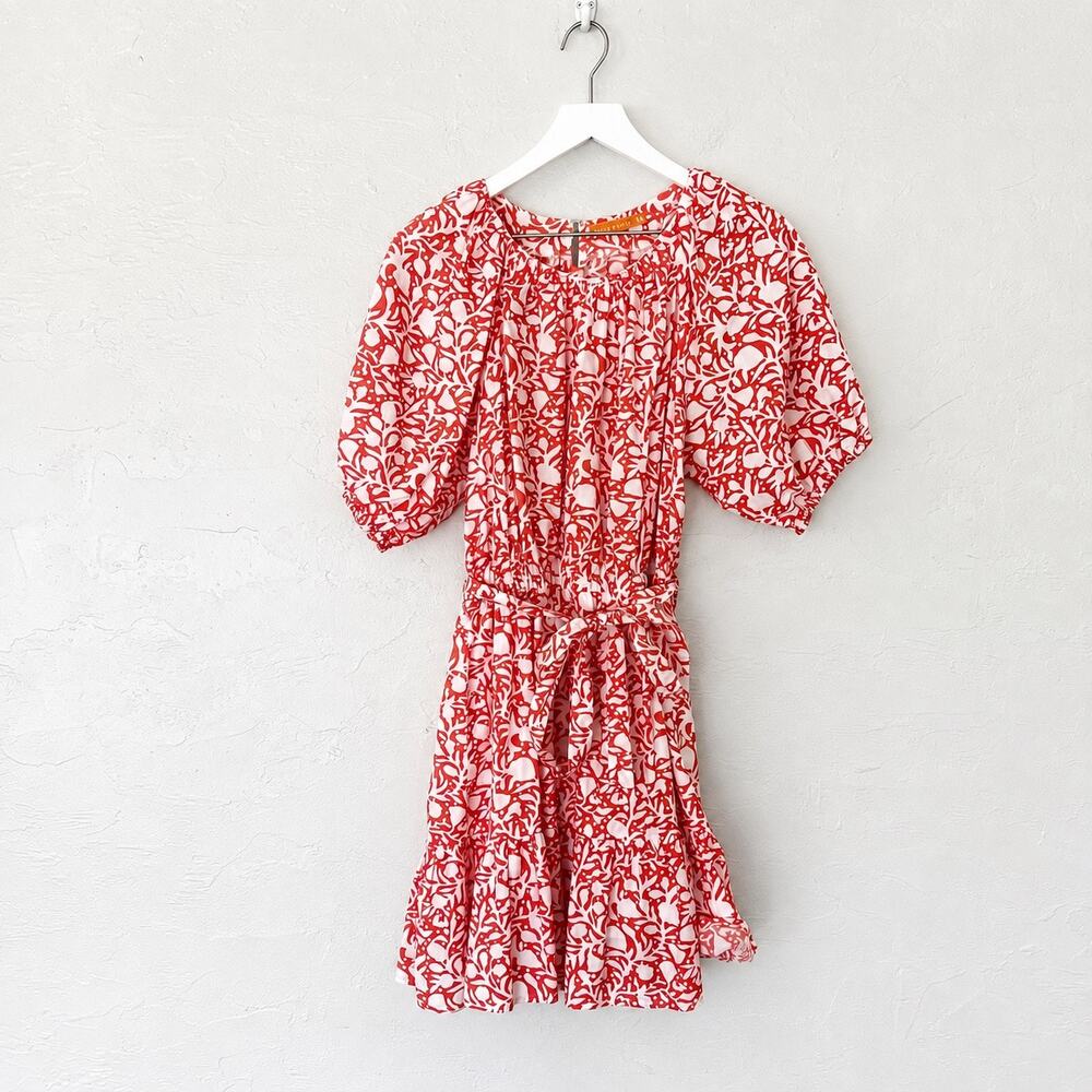Oliphant Coral White Cotton Puff Sleeve Belted Mini Dress M Resort Preppy